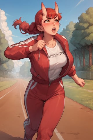 score_9, score_8_up, score_7_up, source_anime, 1girl, solo, AyameTracksuit, oni horns, long hair, red jacket, white shirt, clothes writing, red pants, track pants, running, outdoors, sweat, open mouth, blush, 