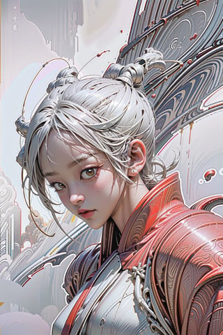 masterpiece, top quality, best quality, official art, beautiful and aesthetic:1.3), (1girl:1.4), white color hair, red hanfu fashion, chinese dragon flying in the sky, golden line, volumetric lighting, ultra-high quality, photorealistic, sky background, dynamic pose, detailed_background, 8k illustration,weapon