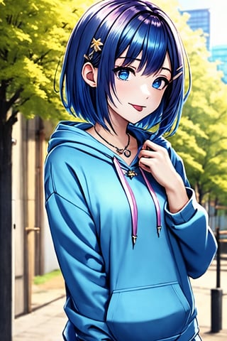 (masterpiece),(best quality), 

(closed mouth:1.1), upper body, (hand up:1.2), tongue out, akanbe,

open clothes, shorts, blue eyes, necklace, blue shirt, outdoors, hood,

hair ornament, upper body, outdoors, hairclip, hoodie, short hair, holografic