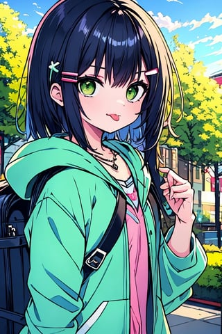 (masterpiece),(best quality), 

(closed mouth:1.1), upper body, (hand up:1.2), tongue out, akanbe,

open clothes, shorts, green eyes, necklace, green shirt, outdoors, hood,

hair ornament, upper body, outdoors, hairclip, bag, hoodie, backpack, hood down, hooded jacket, black bag