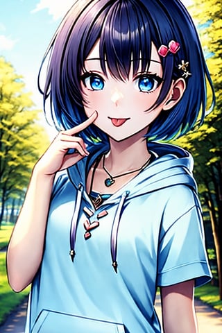 (masterpiece),(best quality), 

(closed mouth:1.1), upper body, (hand up:1.2), tongue out, akanbe,

open clothes, shorts, blue eyes, necklace, blue shirt, outdoors, hood,

hair ornament, upper body, outdoors, hairclip, hoodie, short hair,  hand_up