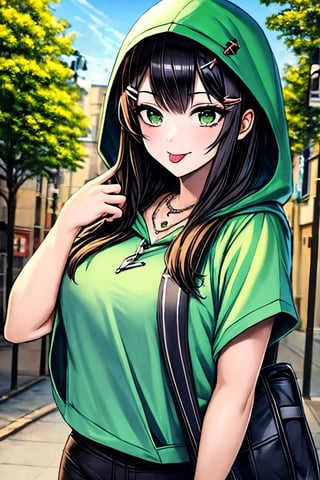 (masterpiece),(best quality), 

(closed mouth:1.1), upper body, (hand up:1.2), tongue out, akanbe,

open clothes, shorts, green eyes, necklace, green shirt, outdoors, hood,

hair ornament, upper body, outdoors, hairclip, bag, hoodie, hood down, hooded jacket, black bag