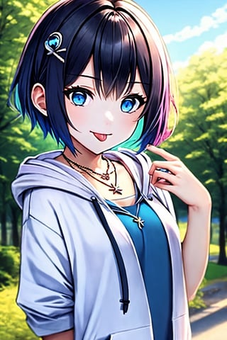 (masterpiece),(best quality), 

(closed mouth:1.1), upper body, (hand up:1.2), tongue out, akanbe,

open clothes, shorts, blue eyes, necklace, blue shirt, outdoors, hood,

hair ornament, upper body, outdoors, hairclip, hoodie, short hair,  hand_up