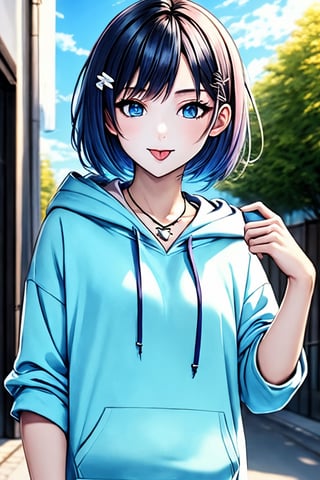 (masterpiece),(best quality), 

(closed mouth:1.1), upper body, (hand up:1.2), tongue out, akanbe,

open clothes, shorts, blue eyes, necklace, blue shirt, outdoors, hood,

hair ornament, upper body, outdoors, hairclip, hoodie, short hair,  hand_up