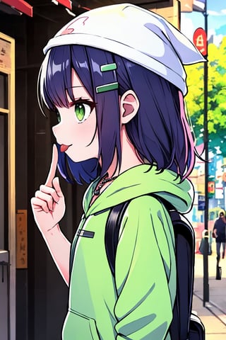 (masterpiece),(best quality), 

(closed mouth:1.1), upper body, (hand up:1.2), tongue out, akanbe,

open clothes, shorts, green eyes, necklace, green shirt, outdoors, hood,

hair ornament, upper body, outdoors, solo focus, hairclip, bag, from side, black headwear, hoodie, profile, backpack, hood down, hooded jacket, sign, beanie, black bag