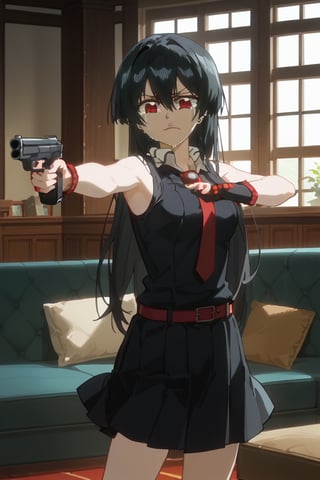 (score_9,score_8_up,score_7_up), TYBW, anime screencap, 1girl, Akame, LONG HAIR, BLACK HAIR,BLACK DRESS, SLEEVELESS, PLEATED SKIRT,BLACK SHIRT, NECKTIE, RED BELT, standing, holding gun, aiming at viewer, handgun, living room, couch, window, indoor