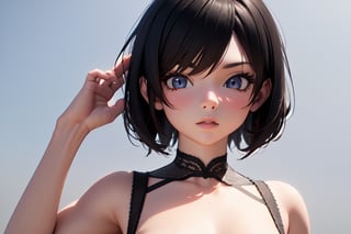 1girl, short hair, black hair, upper body, simple background, [3D:7], masterpiece, best quality, highres