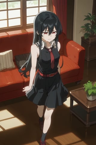 (score_9,score_8_up,score_7_up), TYBW, anime screencap, 1girl, Akame, LONG HAIR, BLACK HAIR,BLACK DRESS, SLEEVELESS, PLEATED SKIRT,BLACK SHIRT, NECKTIE, RED BELT, standing, living room, couch, window, indoor, from above