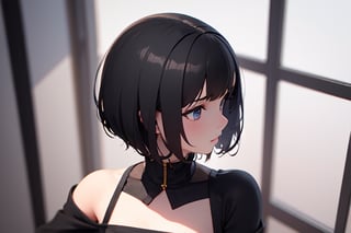 1girl, short hair, black hair, upper body, simple bacground, [3D:7], masterpiece, best quality, highres, newest, very aesthetic