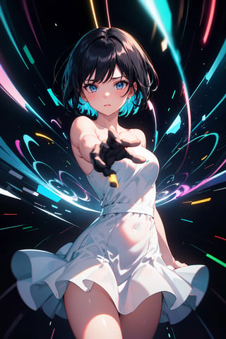 (masterpiece, best quality, chromatic aberration), light painting, (long exposure:1.2), dynamic streaks, luminous trails, vibrant colors, fluid movement, captivating patterns, creative experimentation, 1girl, black hair, short hair, white dress, (highest detailed), (cowboy shot:1.2), dynamic pose 