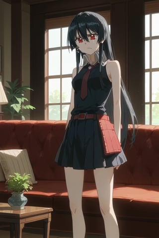 (score_9,score_8_up,score_7_up), TYBW, anime screencap, 1girl, Akame, LONG HAIR, BLACK HAIR,BLACK DRESS, SLEEVELESS, PLEATED SKIRT,BLACK SHIRT, NECKTIE, RED BELT, standing, living room, couch, window, indoor