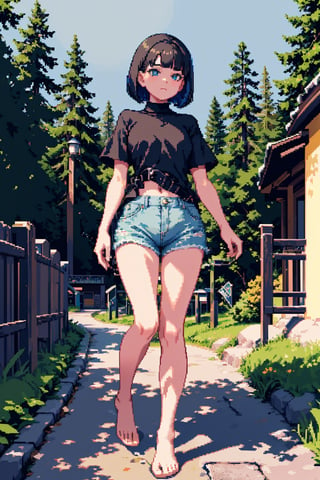 1girl, solo, slim, young, black hair, bob cut, blunt bangs, blue eyes, closed mouth, black shirt, short sleeves, turtleneck, blue denim shorts, bare feet, standing, sidewalk, [forest : city: 12], blue sky, depth of field, front view, masterpiece, best quality, Pixel_Art, Pixel_World