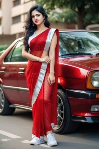 a cute hot sexy hindu girl standing , she must wear red saree in net dress,  white sneakers,hand rosre, nearby rood,