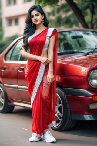 a cute hot sexy hindu girl standing , she must wear red saree in net dress,  white sneakers,hand rosre, 