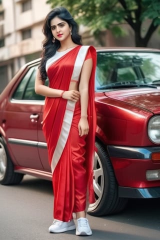 a cute hot sexy hindu girl standing , she must wear red saree dress,  white sneakers,hand rosre,