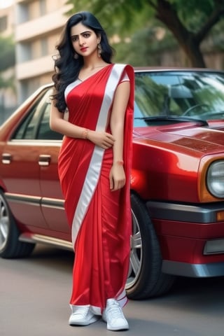 a cute hot sexy hindu girl standing , she must wear  red saree dress,  white sneakers, Extremely Realistic,  , perfect , ultra sharp,  realistic skin , perfect, hand , face looks like just now waked up 