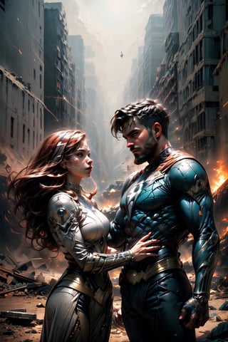 A couple of superhero bearded and woman looking each other in love between a battle scene, marvel like, standing at the ruined city, depth of field, cinematic