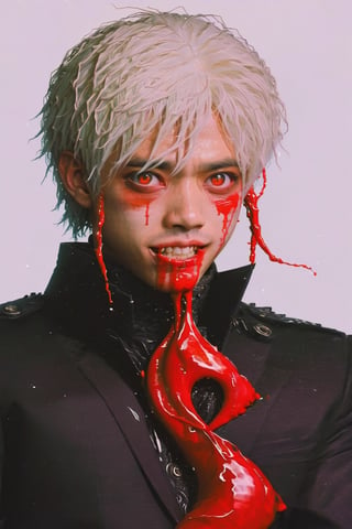 (1boy) portrait, best quality, ultra high res, ultra detailed, black and red, high contrast color tone, extremely detailed lighting, cinematic lighting, soft lights, (masterpiece, high quality:1.4), (kaneki ken, black hair, white hair, red and black eye, mask | teeth, blood eyes, black clothes, scorpio tentacles), , , blood, , black background, thrilling, (fierce face),kaneki ken