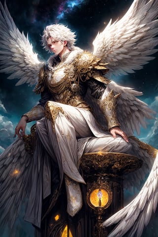 8k, Fluffy White Angel male perched upon golden bejeweled tower in a heavenly utopian city, huge feathery angel wings, glowing nebula eyes, white flowing clouds, ivory armor with diamond gem inlay, trending on artstation, sharp focus, studio photo, intricate details, highly detailed, by tim burton