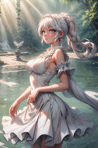 (extremely detailed CG unity 8k wallpaper),(((masterpiece))), (((best quality))), ((ultra-detailed)), (best illustration),(best shadow), ((an extremely delicate and beautiful)),dynamic angle,floating, solo,((1girl)),{long wavy curly hair},expressionless,((white idol dress)), anglesailor dress,(detailed wet clothes),silk shawl,bikini,underboob, frills,cute anime face,blush,(beautiful detailed eyes), (detailed light),feather, nature, (sunlight), river, (forest),(((floating palace))),beautiful and delicate water,(painting),(sketch),(bloom),(shine),