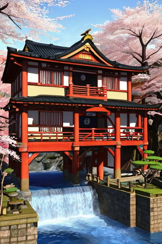 ff14bg, japanese house, kyoto style building, bridge, water, water_fall