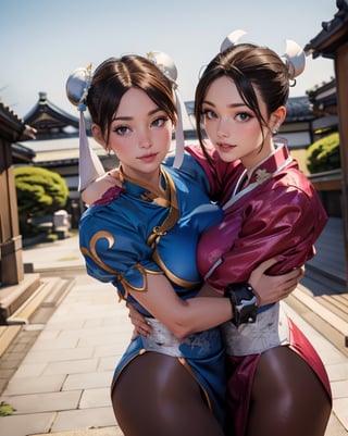 (masterpiece, best quality, ultra-detailed, 8K), cowboy shot, dynamic angle, (2 girls:1.7), picture of 2 beautiful girls chun li and shiranui mai, looking at viewer, smiling, (hug, cute pose:1.6), [[BREAK]] 21 year old models, (blue, eyes), big breasts,chun li,shiranui_mai, (outside, blue sky, old town Japan),