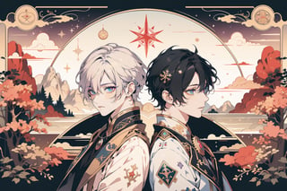 masterpiece, best quality, official art, aesthetic, (2boys with heterochromia), detailed background, isometric, art nouveau, snowflakes, fractal art, tarot card style, color, black, golden, purple, ,isometric,portrait