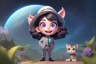 (masterpiece), excellent quality, expressive eyes, perfect face, (masterpiece), excellent quality, expressive eyes, perfect face, clipart of a little girl with dark hair, pale skin and kitten ears wearing an all grey, green hat eyes, sweet kitten, smile, standing on a farm, trending in ArtStation Pixiv, purple eyes, blue tie, beautiful (detailed eyes, detailed face,) Ahegao, euladef, noble temperament, high heels, without watermark, under the sky night, starry sky. romantic atmosphere,
