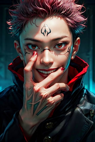 (masterpiece), best quality, expressive eyes, perfect face, looking at viewer, front view, close-up on face, 1male, SUKUNA, smile, red eyes, pink hair, TATTOO_ON_HIS_FACE, school uniform, black jacket, red hood, street, city, night, itadori yuji,itadori yuuji, full body, both hands namaste mudra, greeting hand sign inspiration from Buddhism, with this one referring to the king of hell in that culture, dark vibes, dark background, dark and red aura, domain expansion, 4K UHD wallpaper