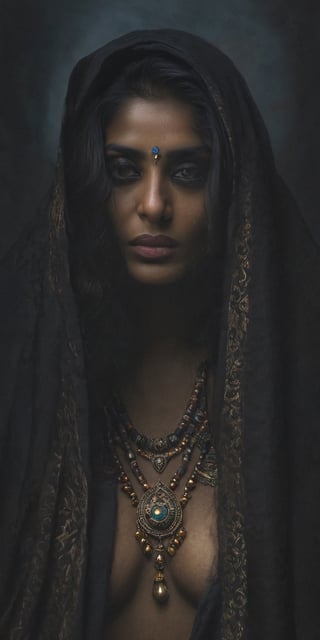 Generate hyper realistic image of an INDIAN PRIESTESS woman cloaked in shadows, her features obscured, with piercing eyes that reflect an ancient and ominous wisdom, embodying the essence of a mistress who commands the darkness.