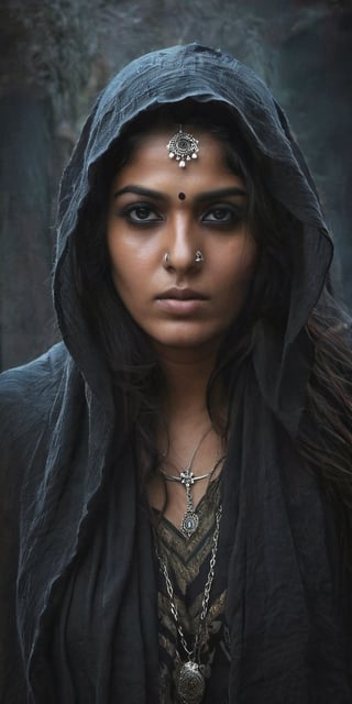 Generate hyper realistic image of an INDIAN PRIESTESS woman cloaked in shadows, her features obscured, with piercing eyes that reflect an ancient and ominous wisdom, embodying the essence of a mistress who commands the darkness.