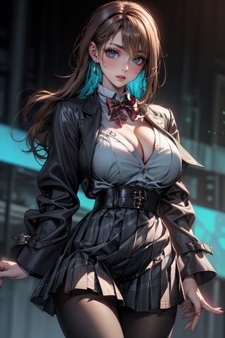 (masterpiece:1.5), (big breasts), 1 girl, young woman, (Beautiful Girl:1.5), (extremely detailed and delicate anime face and eyes:1.5), whole body, (natural light, HDR, extremely details CG:1.3), (dynamic posture:1.3), {correct body anatomy}, (wide hips:1.4), (perfect hands:1.3), single focus, toned body, Beautiful Lips, thick lips, {surreal}, {correct posture}, {minutes details}, {detailed body}, {detailed clothing}, {Bright Eyes}, (cleavage: 1.3), {accessories}, {sexy}, {solo}, Korean school uniform, (open short coat: 1.5), (Plaid short coat: 1.4), (short coat: 1.5), (High waist pleated skirt: 1.5), (Plaid skirt: 1.3), high waist skirt, Strap pleated skirt, white shirt, drawstring shirts, (pearl bow tie: 1.3), Hakama bow, (pantyhose: 1.3), black loafers, jewelry, earrings, (light smile: 1.3), (dark brown hair: 1.5), (low tied long hair: 1.3), (straight hair: 1.5), nape hair, glowing hair, (bright turquoise eyes: 1.3) 