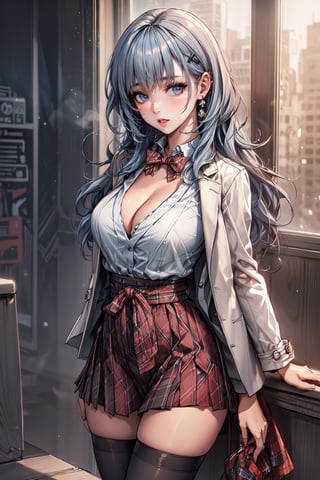 (masterpiece:1.5), (big breasts), 1 girl, young woman, (Beautiful Girl:1.5), (extremely detailed and delicate anime face and eyes:1.5), whole body, (natural light, HDR, extremely details CG:1.3), (dynamic posture:1.3), {correct body anatomy}, (wide hips:1.4), (perfect hands:1.3), single focus, toned body, Beautiful Lips, thick lips, {surreal}, {correct posture}, {minutes details}, {detailed body}, {detailed clothing}, {Bright Eyes}, (cleavage: 1.3), {accessories}, {sexy}, {solo}, Korean school uniform, (open short coat: 1.5), (Plaid short coat: 1.4), (short coat: 1.5), (High waist pleated skirt: 1.5), (Plaid skirt: 1.3), high waist skirt, Strap pleated skirt, white shirt, drawstring shirts, (pearl bow tie: 1.3), Hakama bow, (brown thighhighs: 1.5), black loafers, jewelry, (hairclip: 1.5), earrings, (medium long hair: 1.5), (gray blue hair: 1.5), (noodle hair: 1.3), (blunt bangs: 1.5),  glowing hair, (bright peach eyes: 1.3)