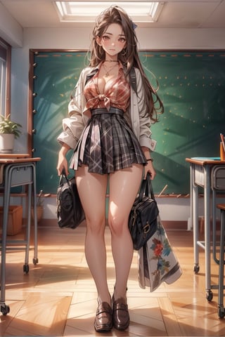 (full body: 1.5), {masterpiece: 1-5}, {big breasts: 1-3}, 1 girl, young woman, beautiful Girl ,{extremely detailed and delicate anime face and eyes: 1-5}, {whole body: 1-3}, {natural light, HDR, extremely details CG: 1-3}, {dynamic posture: 1-3}, {correct body anatomy}, {wide hips: 1-5}, {perfect hands: 1-5}, single focus, toned body, wide hips, Beautiful Lips, thick lips, {surreal}, {correct posture}, {minutes details}, {detailed body}, {detailed clothing}, {Bright Eyes}, {cleavage: 1-3}, {accessories}, {sexy}, {solo}, Korean school uniform, open short coat, Plaid short coat, (High waist pleated skirt: 1.5), (Plaid skirt: 1.3), high waist skirt, Strap pleated skirt, white shirt, drawstring shirts, pearl bow tie, Hakama bow, bodystocking, black loafers, jewelry, earrings, (dark brown hair: 1.5), (low tied long hair: 1.3), (straight hair: 1.5), nape hair, turquoise eyes, (School: 1.5),