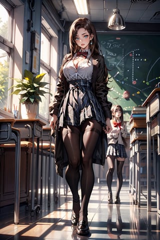 (full body: 1.5), {masterpiece: 1-5}, {big breasts: 1-3}, 1 girl, young woman, beautiful Girl ,{extremely detailed and delicate anime face and eyes: 1-5}, {whole body: 1-3}, {natural light, HDR, extremely details CG: 1-3}, {dynamic posture: 1-3}, {correct body anatomy}, {wide hips: 1-5}, {perfect hands: 1-5}, single focus, toned body, wide hips, Beautiful Lips, thick lips, {surreal}, {correct posture}, {minutes details}, {detailed body}, {detailed clothing}, {Bright Eyes}, {cleavage: 1-3}, {accessories}, {sexy}, {solo}, Korean school uniform, open short coat, Plaid short coat, (High waist pleated skirt: 1.5), (Plaid skirt: 1.3), high waist skirt, Strap pleated skirt, white shirt, drawstring shirts, pearl bow tie, Hakama bow, bodystocking, black loafers, jewelry, earrings, (dark brown hair: 1.5), (low tied long hair: 1.3), (straight hair: 1.5), nape hair, turquoise eyes, (School: 1.5),