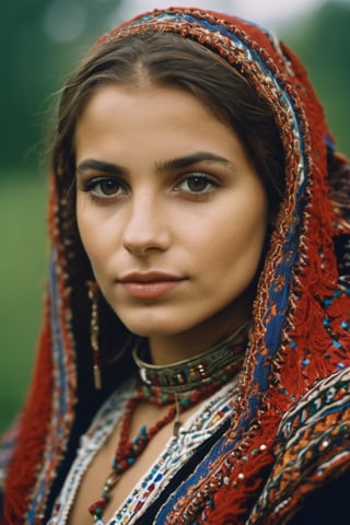 Detailed portrait of Beautiful Romanian girl on traditional gipsy outfit shot, on Hasselblad 501c three point lighting Sci-Fi atmosphere,