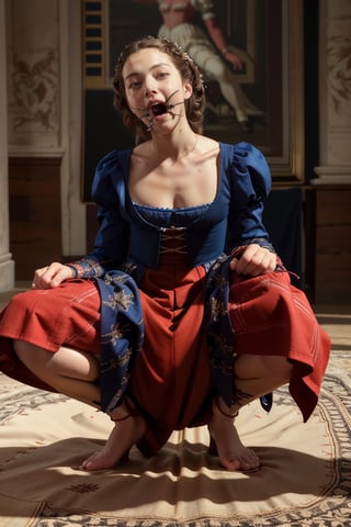 Squatting and spreading legs,Folds on skirt, long skirt,Full body view,Perfect photography of girl 20 year old, wearing long renaissance dress,wearing edgRenaissance,edgRenaissance,wide open mouth,  detailed dress, detailed face, detailed hands, perfect light, masterpiece, 8k, highest quality ,sp1derg4g