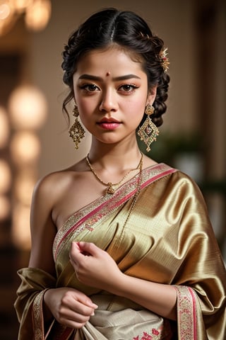 Awardwinning photo, dynamic photo of girl, 25years old,very  fair skinned,beautiful fair coloured hands and face  gold earrings, ,wearing blouse and saree and trouser, 8k uhd, dslr, soft lighting, high quality, film grain, Fujifilm XT3,, high quality photography, 3 point lighting, flash with softbox, 4k, Canon EOS R3, hdr, smooth, sharp focus, high resolution, award winning photo, 80mm, f2.8, bokeh, (Highest Quality, 4k, masterpiece, Amazing Details:1.1), film grain, Fujifilm XT3, photography,keerthy suresh,miniwool,Makeup