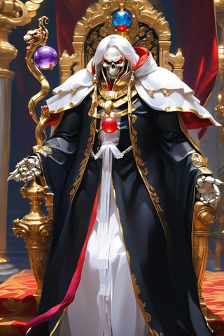 (masterpiece, best quality, 32K ultra-high resolution oil painting, super high resolution, artistic shading, accurate human anatomy, perfect anatomy),
(side view, bottom angle), full body shot, (eyes on camera),
Ainz Ooal Gown \(Overlord\), one boy, solo,
white skull, white skeleton, red eyes, glowing, glowing red ball in chest,
black hood with gold trim, (white giant shoulder pads, red balls inlaid), (black robe, purple trim), (scepter, snake holds seven-colored gem on staff),
(palace background, huge stone pillars lined up, (red carpet, gold trim), luxurious throne, steps to the throne, huge coat of arms flag),
core_9_up, score_8_up, score_7_up, score_6_up, source_anime,