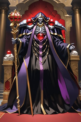 (masterpiece, best quality, 32K ultra-high resolution oil painting, super high resolution, artistic shading, accurate human anatomy, perfect anatomy),
(side view, bottom angle), full body shot, (eyes on camera),
Ainz Ooal Gown \(Overlord\), one boy, solo,
white skull, white skeleton, red eyes, glowing, glowing red ball in chest,
black hood with gold trim, (white giant shoulder pads, red balls inlaid), (black robe, purple trim), (scepter, seven-colored gemstone object held by snake on staff),
(palace background, huge stone pillars lined up, (red carpet, gold trim), luxurious throne, steps to the throne, huge coat of arms flag),
core_9_up, score_8_up, score_7_up, score_6_up, source_anime,