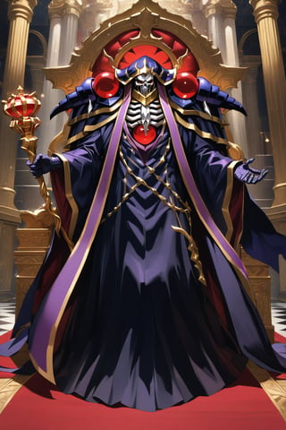 (masterpiece, best quality, 32K ultra-high resolution oil painting, super high resolution, artistic shading, accurate human anatomy, perfect anatomy),
(side view, bottom angle), full body shot, (eyes on camera),
Ainz Ooal Gown \(Overlord\), one boy, solo,
white skull, white skeleton, red eyes, glowing, glowing red ball in chest,
black hood with gold trim, (white giant shoulder pads, red balls inlaid), (black robe, purple trim), (scepter, snake holds seven-colored gem on staff),
(palace background, huge stone pillars lined up, (red carpet, gold trim), luxurious throne, steps to the throne, huge coat of arms flag),
core_9_up, score_8_up, score_7_up, score_6_up, source_anime,