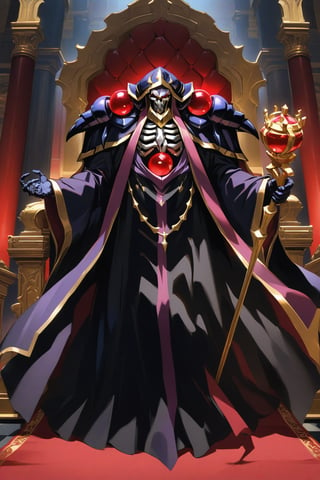 (masterpiece, best quality, 32K ultra-high resolution oil painting, super high resolution, artistic shading, accurate human anatomy, perfect anatomy),
(side view, bottom angle), full body shot, (eyes on camera),
Ainz Ooal Gown \(Overlord\), one boy, solo,
white skull, white skeleton, red eyes, glowing, glowing red ball in chest,
black hood with gold trim, (white giant shoulder pads, red balls inlaid), (black robe, purple trim), (scepter, snake holds seven-colored gem on staff),
(palace background, huge stone pillars lined up, (red carpet, gold trim), luxurious throne, steps to the throne, huge coat of arms flag),
core_9_up, score_8_up, score_7_up, score_6_up, source_anime,