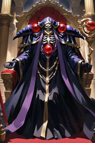 (masterpiece, best quality, 32K ultra-high resolution oil painting, super high resolution, artistic shading, accurate human anatomy, perfect anatomy),
(side view, bottom angle), full body shot, (eyes on camera),
Ainz Ooal Gown \(Overlord\), one boy, solo,
white skull, white skeleton, red eyes, glowing, glowing red ball in chest,
black hood with gold trim, (white giant shoulder pads, red balls inlaid), (black robe, purple trim), (scepter, snake holds seven-colored gem on staff),
(palace background, huge stone pillars lined up, (red carpet, gold trim), luxurious throne, steps to the throne, huge coat of arms flag),
core_9_up, score_8_up, score_7_up, score_6_up, source_anime,