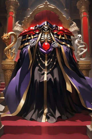 (masterpiece, best quality, 32K ultra-high resolution oil painting, super high resolution, artistic shading, accurate human anatomy, perfect anatomy),
(side view, bottom angle), full body shot, (eyes on camera),
Ainz Ooal Gown \(Overlord\), one boy, solo,
white skull, white skeleton, red eyes, glowing, glowing red ball in chest,
black hood with gold trim, (white giant shoulder pads, red balls inlaid), (black robe, purple trim), (scepter, snake holds seven-colored gem on staff),
(palace background, huge stone pillars lined up, (red carpet, gold trim), luxurious throne, steps to the throne, huge coat of arms flag),
core_9_up, score_8_up, score_7_up, score_6_up, source_anime,