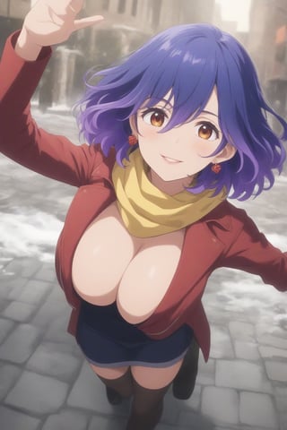 (masterpiece, best quality, 32K ultra HD anime, super high resolution, 1980s /(style/), perfect human anatomy, perfect anatomy), (side view, shot from below), looking at the camera, highlights of breasts,
(vermeil), mature woman, solo,
((short hair, (blue hair, wavy hair, gradient hair, purple hair with tips)), thick parted bangs, hair between eyes, beautiful thin long eyebrows, brown eyes, red rose earrings, pink lips, blush, smiling), (mouth slightly open),
((red leather jacket, yellow scarf), beautiful cleavage, denim skirt), black stockings, black boots,
attractive body, high body, beautiful clavicle line, (huge breasts; 0.3, firm firmness), beautiful hands, (beautiful fingers, 4 fingers, 1 thumb), slightly wide hips; 0.7, a little big_butt; 0.8, beautiful_legs, beautiful_knees, beautiful_calves, (beautiful_toes, 4 fingers, 1 thumb),
(dancing, dancing, legs wide open, doing various poses with both hands, on the cobblestones), (winter park, falling snow, blizzard, silver world),
, core_9_up, score_8_up, score_7_up, score_6_up, source_anime, BREAK, score_9,