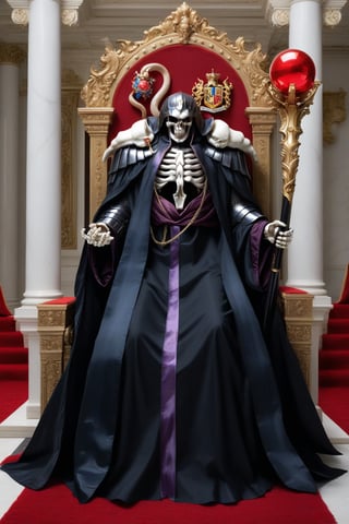 (masterpiece, best quality, 32K ultra-high resolution oil painting, super high resolution, artistic shading, accurate human anatomy, perfect anatomy),
(side view, bottom angle), full body shot, (eyes on camera),
Ainz Ooal Gown \(Overlord\), one boy, solo,
white skull, white skeleton, red eyes, glowing, glowing red ball in chest,
black hood with gold trim, (white giant shoulder pads, red balls inlaid), (black robe, purple trim), (scepter, snake holds seven-colored gem on staff),
(palace background, huge stone pillars lined up, (red carpet, gold trim), luxurious throne, steps to the throne, huge coat of arms flag),
core_9_up, score_8_up, score_7_up, score_6_up, source_anime,