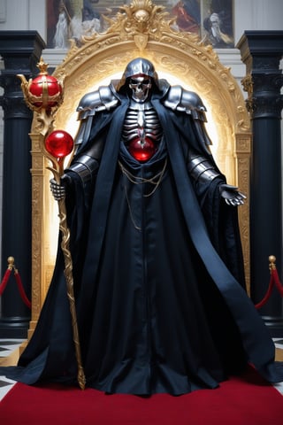 (masterpiece, best quality, 32K ultra-high resolution oil painting, super high resolution, artistic shading, accurate human anatomy, perfect anatomy),
(side view, bottom angle), full body shot, (eyes on camera),
Ainz Ooal Gown \(Overlord\), one boy, solo,
white skull, white skeleton, red eyes, glowing, glowing red ball in chest,
black hood with gold trim, (white giant shoulder pads, red balls inlaid), (black robe, purple trim), (scepter, snake holds seven-colored gem on staff),
(palace background, huge stone pillars lined up, (red carpet, gold trim), luxurious throne, steps to the throne, huge coat of arms flag),
core_9_up, score_8_up, score_7_up, score_6_up, source_anime,