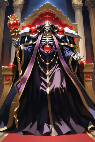 (masterpiece, best quality, 32K ultra-high resolution oil painting, super high resolution, artistic shading, accurate human anatomy, perfect anatomy),
(side view, bottom angle), full body shot, (eyes on camera),
Ainz Ooal Gown \(Overlord\), one boy, solo,
white skull, white skeleton, red eyes, glowing, glowing red ball in chest,
black hood with gold trim, (white giant shoulder pads, red balls inlaid), (black robe, purple trim), (scepter, seven-colored gemstone object held by snake on staff),
(palace background, huge stone pillars lined up, (red carpet, gold trim), luxurious throne, steps to the throne, huge coat of arms flag),
core_9_up, score_8_up, score_7_up, score_6_up, source_anime,