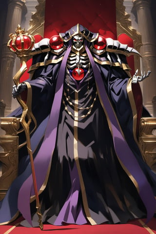 (masterpiece, best quality, 32K ultra-high resolution oil painting, super high resolution, artistic shading, accurate human anatomy, perfect anatomy),
(side view, bottom angle), full body shot, (eyes on camera),
Ainz Ooal Gown \(Overlord\), one boy, solo,
white skull, white skeleton, red eyes, glowing, glowing red ball in chest,
black hood with gold trim, (white giant shoulder pads, red balls inlaid), (black robe, purple trim), (scepter, snake holds seven-colored gem on staff),
(palace background, huge stone pillars lined up, (red carpet, gold trim), luxurious throne, steps to the throne, huge coat of arms flag),
core_9_up, score_8_up, score_7_up, score_6_up, source_anime,