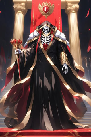 (masterpiece, best quality, 32K ultra-high resolution oil painting, super high resolution, artistic shading, accurate human anatomy, perfect anatomy),
(side view, bottom angle), full body shot, (eyes on camera),
Ainz Ooal Gown \(Overlord\), one boy, solo,
white skull, white skeleton, red eyes, glowing, glowing red ball in chest,
black hood with gold trim, (white giant shoulder pads, red balls inlaid), (black robe, purple trim), (scepter, snake holds seven-colored gem on staff),
(palace background, huge stone pillars lined up, (red carpet, gold trim), luxurious throne, steps to the throne, huge coat of arms flag),
core_9_up, score_8_up, score_7_up, score_6_up, source_anime,